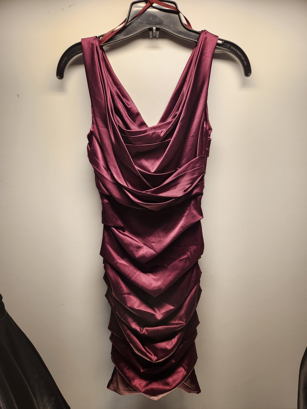le chateau Satin Draped Midi Dress in Burgundy
